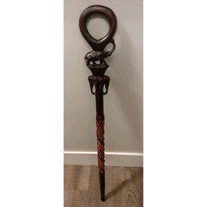Hand Carved Wood African Elephant 37" Walking Stick Cane Giraffe Decorative Art
